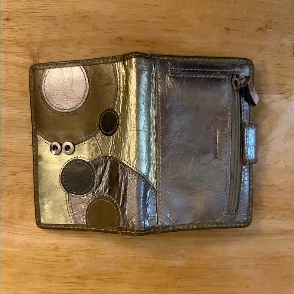 Fossil Logan Leather Tab Clutch Wallet unique multi-metallic patchwork design.